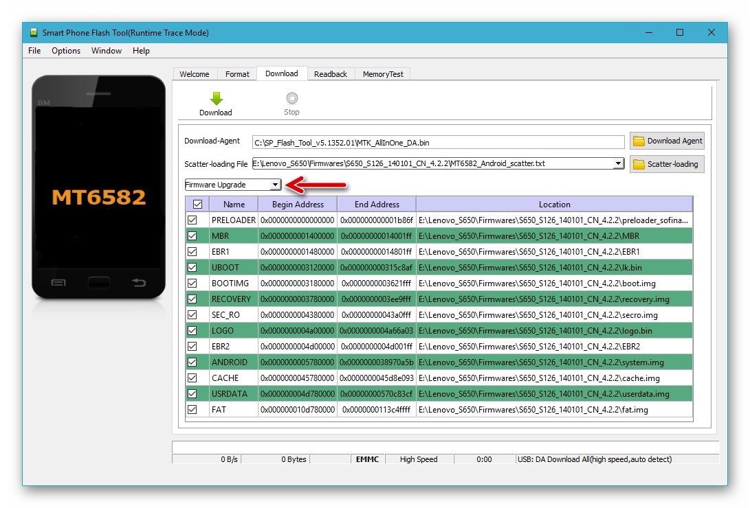 Lenovo S650 SP Flash Tool Wybór trybu aktualizacji oprogramowania układowego dla oprogramowania układowego ze zmianą znaczników