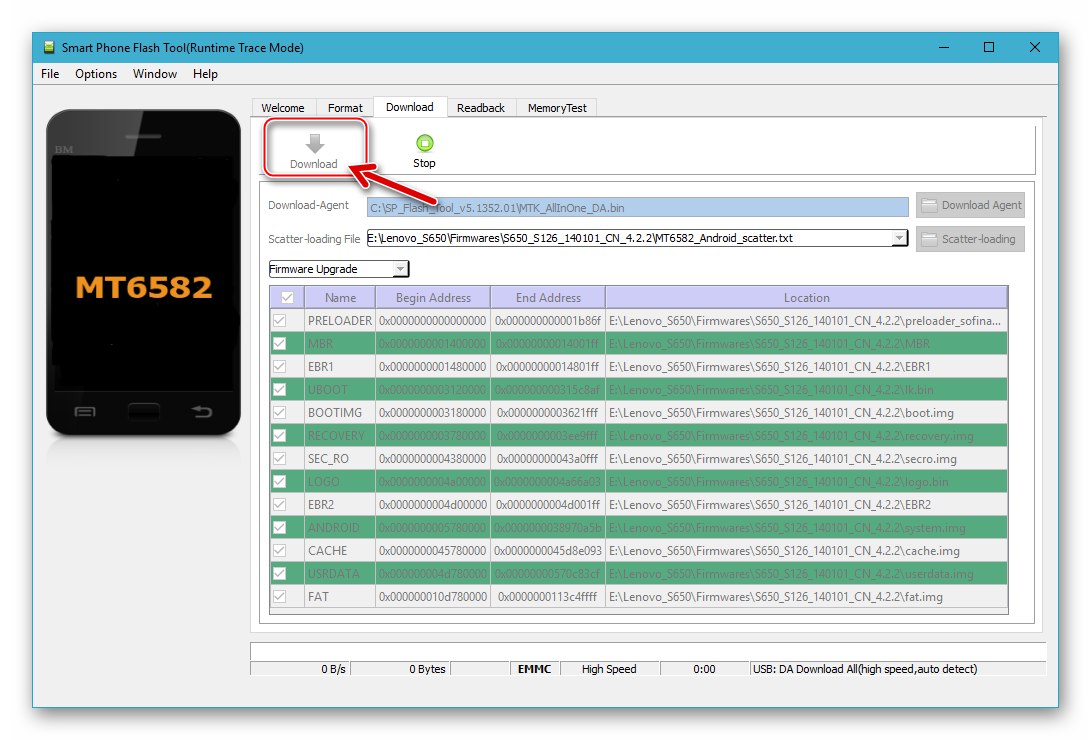 Lenovo S650 uruchom oprogramowanie układowe za pomocą SP Flash Tool w trybie aktualizacji oprogramowania układowego, połączenie urządzenia