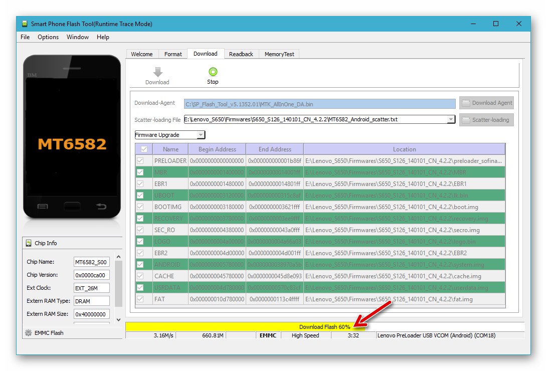 Lenovo S650 SP Flash Tool - proces instalacji oprogramowania układowego z ponownym partycjonowaniem
