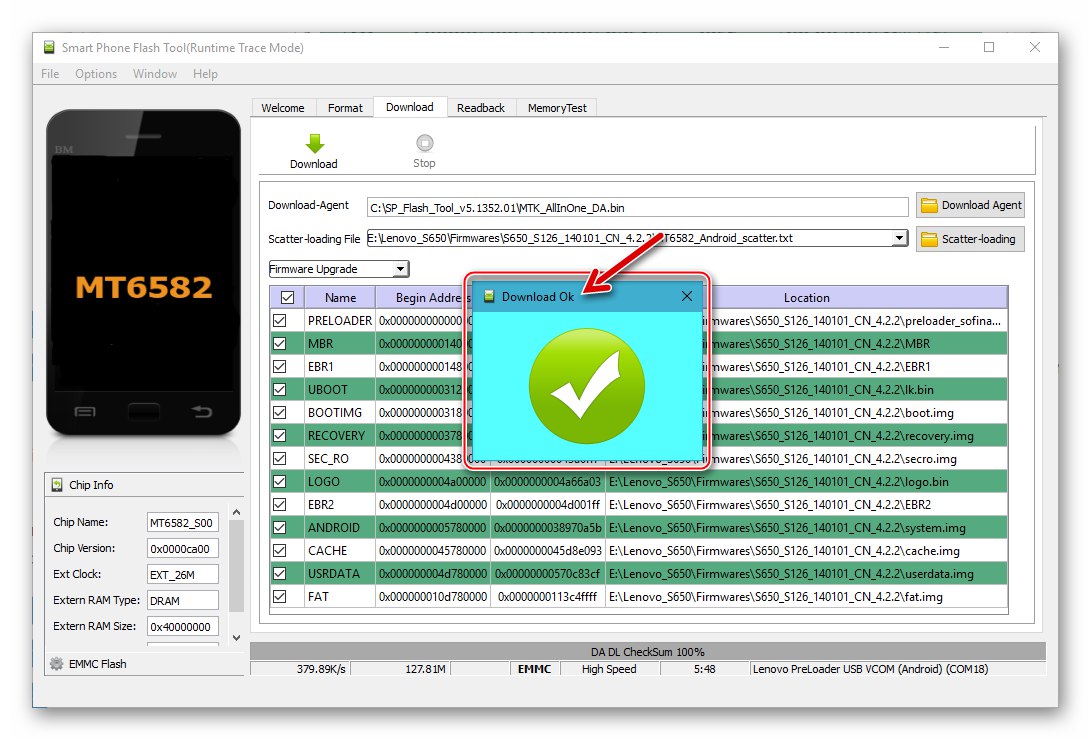Lenovo S650 kończy instalację oprogramowania układowego za pomocą SP Flash Tool w trybie aktualizacji oprogramowania układowego
