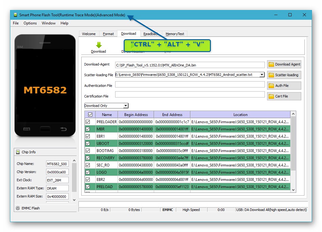 Lenovo S650 Przełącz narzędzie SP Flash do trybu profesjonalnego w celu odzyskania pamięci NVRAM