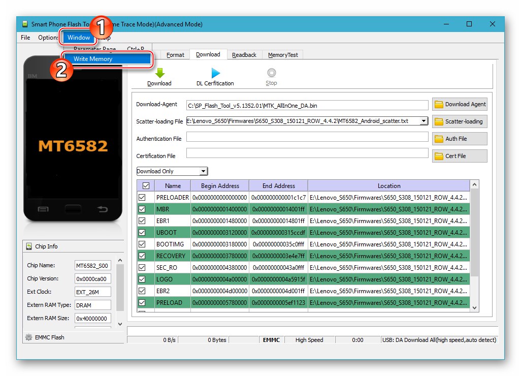 Narzędzie Lenovo S650 SP Flash Tool wywołuje funkcję Write Memory w menu Window, aby przywrócić NVRAM