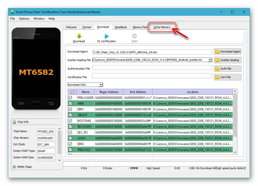 Zakładka Lenovo S650 Write Memory w aplikacji SP Flash Tool