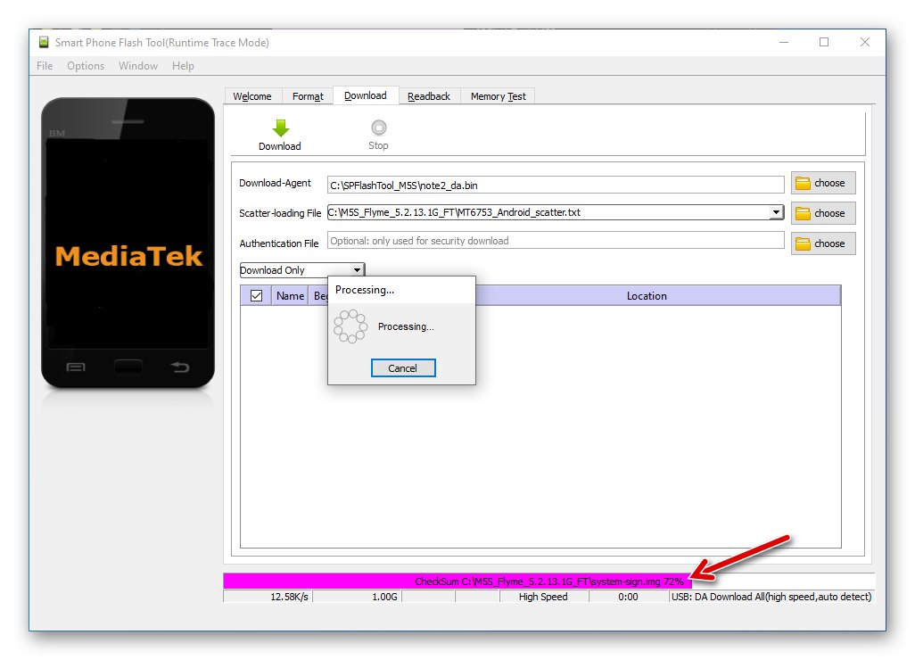 Meizu M5s SP Flash Tool postopek preverjanja kontrolnih vsot datotek vdelane programske opreme v programu