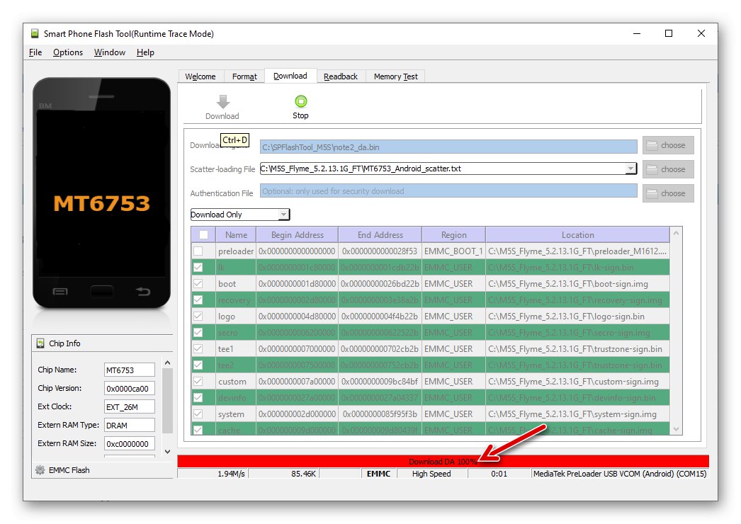 Meizu M5s SP Flash Tool naprava v načinu vdelane programske opreme je bila definirana v programu
