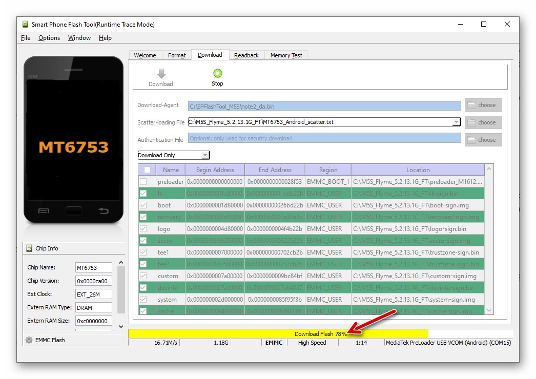 Meizu M5s SP Flash Tool postopek namestitve vdelane programske opreme v telefon
