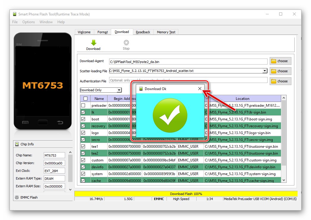 Obnovitev vdelane programske opreme programa Meizu M5s SP Flash Tool je končana