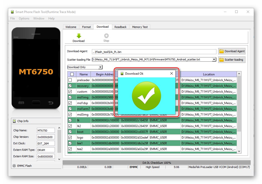 Смартфонът на Meizu M6 мига с SP Flash Tool завърши успешно