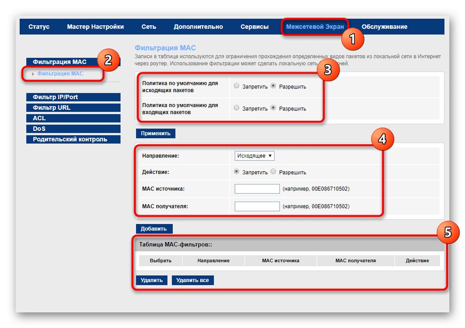 Конфигуриране на филтриране на MAC адрес в настройките на рутера