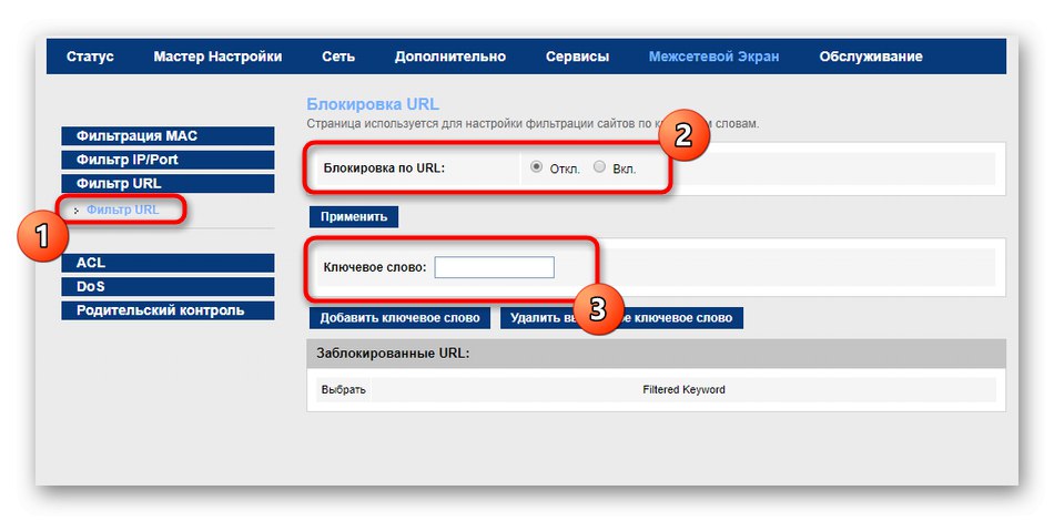 Активиране на филтрирането на URL адреси в настройките на рутера