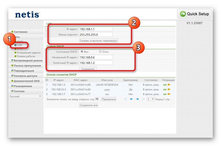Общи параметри на локалната мрежа при ръчна конфигурация на рутера Netis WF2419E