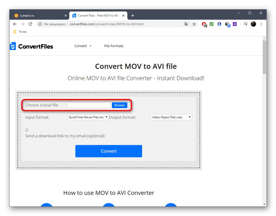 Перехід до вибору файлів для конвертації MOV в AVI через онлайн-сервіс ConvertFiles