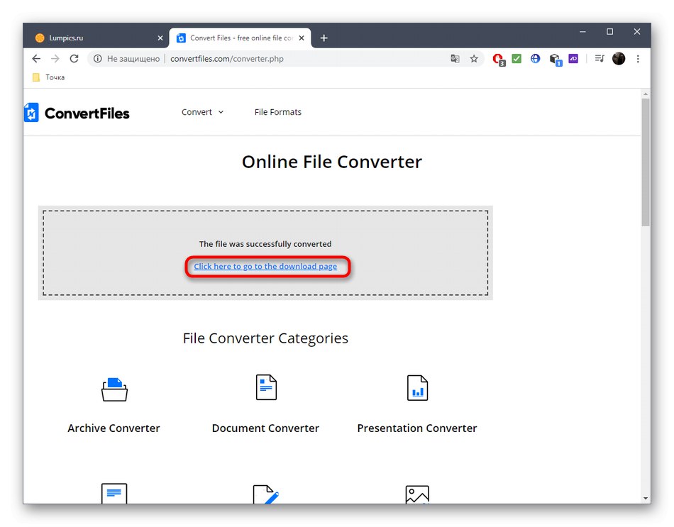 Перехід за посиланням для скачування файлу після конвертації MOV в AVI через онлайн-сервіс ConvertFiles