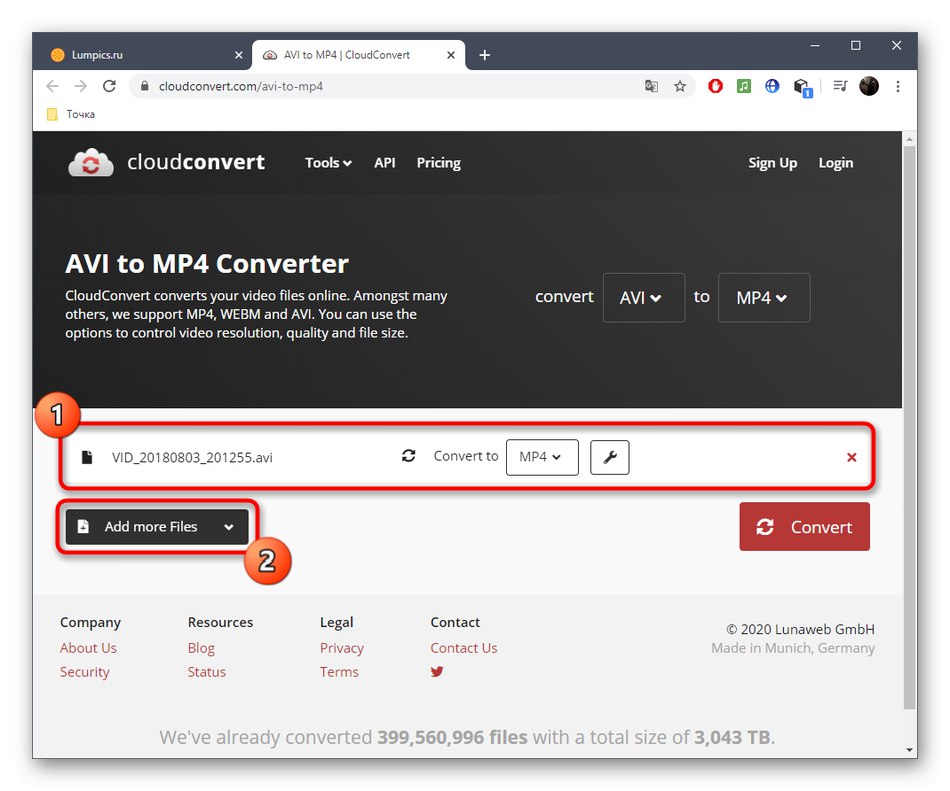 Добавете файлове за конвертиране на AVI в MP4 чрез онлайн услугата CloudConvert
