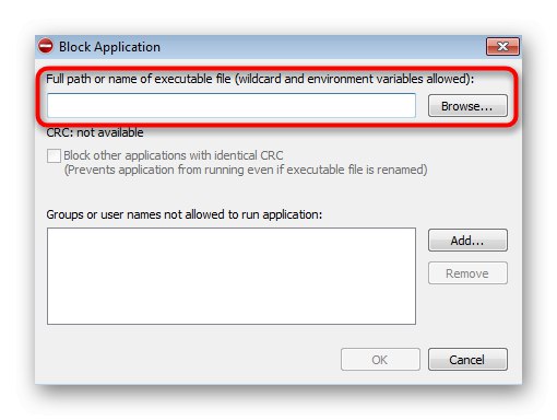Отидете на избора на изпълнимия файл на приложението, който да блокирате в Windows 7