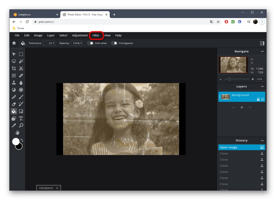 Преминете към ефекти за гледане за възстановяване на снимки в онлайн услугата PIXLR