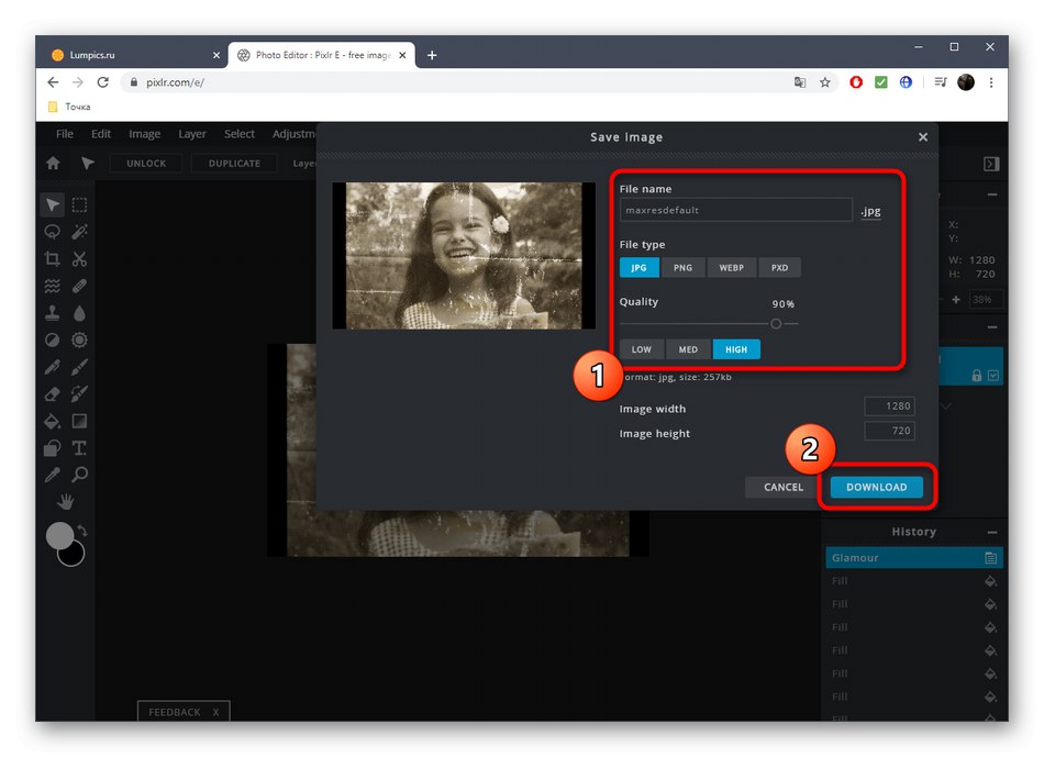Запазване на снимка след възстановяване в онлайн услугата PIXLR