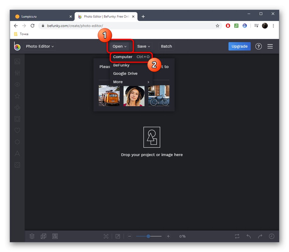 Отидете на отваряне на снимка за възстановяване чрез онлайн услугата BeFunky