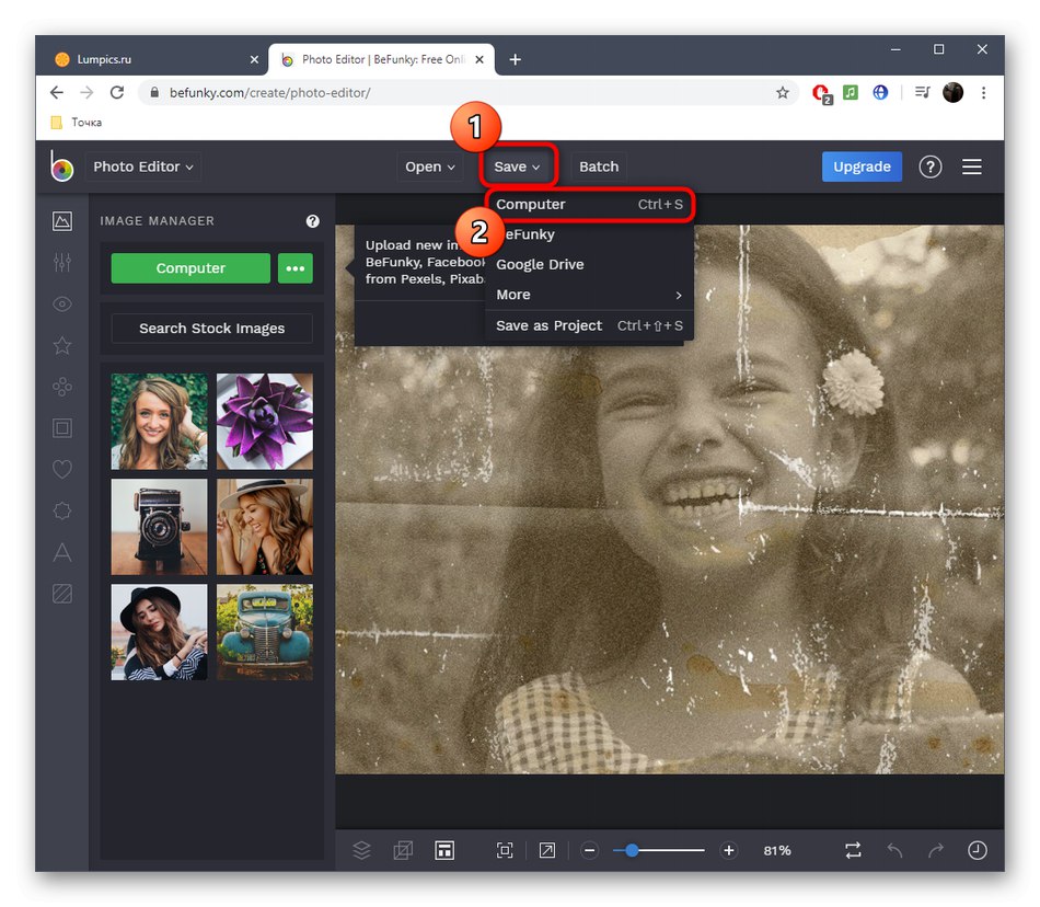 Преминаване към запазване на снимката след възстановяване в онлайн услугата BeFunky