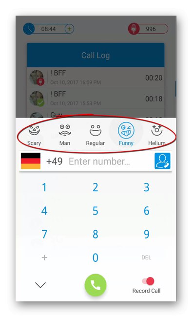 Interfejs aplikacji FunCalls - zmieniacz głosu i nagrywanie rozmów na Androida