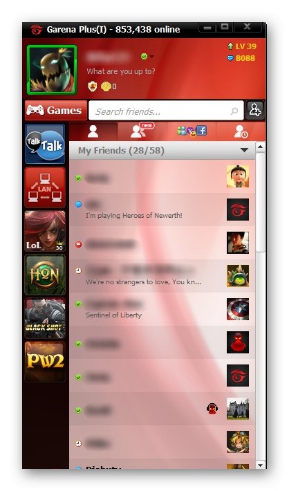 Rozhranie programu Garena Plus