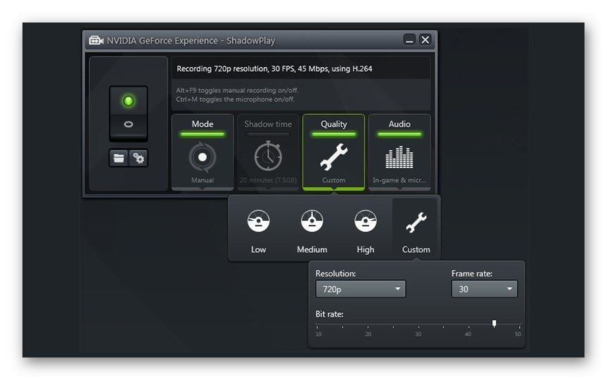 Інтерфейс програми NVIDIA GeForce Experience ShadowPlay