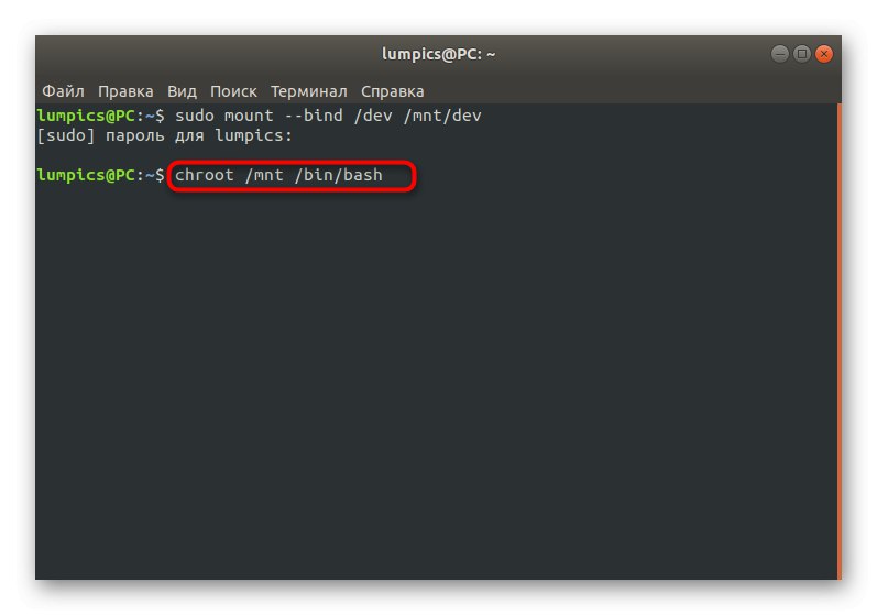 Príkaz na prepnutie na namontovaný shell pri obnove GRUBu v Ubuntu