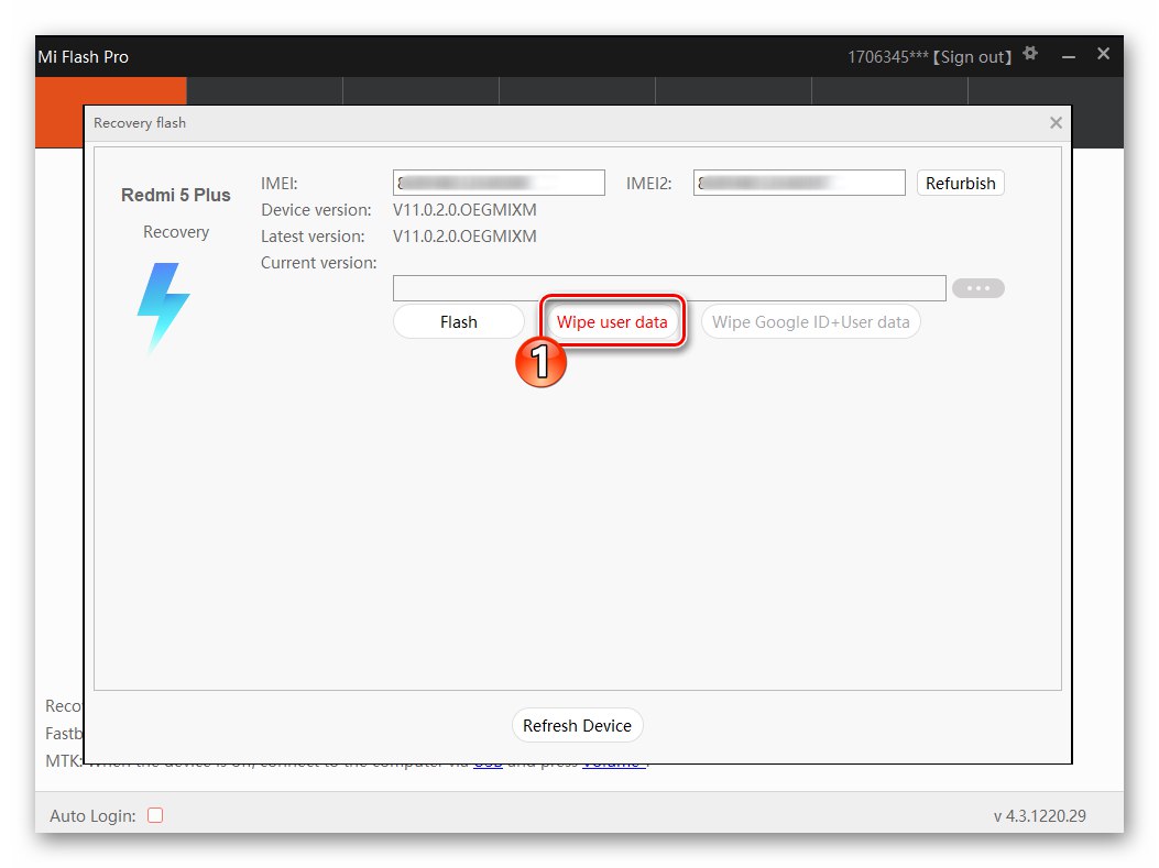 Xiaomi Redmi 5 Plus wywołując funkcję resetowania urządzenia i wyczyszczenia jego pamięci w MiFlash Pro