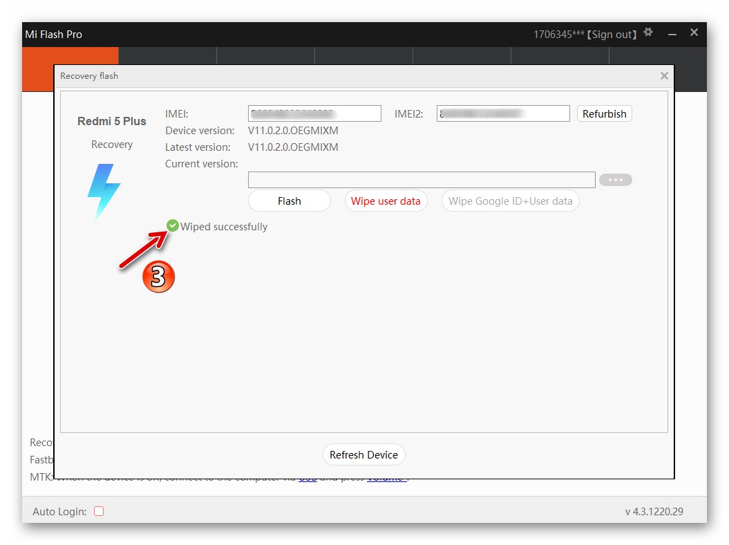 Reset smartfona Xiaomi Redmi 5 Plus MiFlash Pro i czyszczenie pamięci zakończone