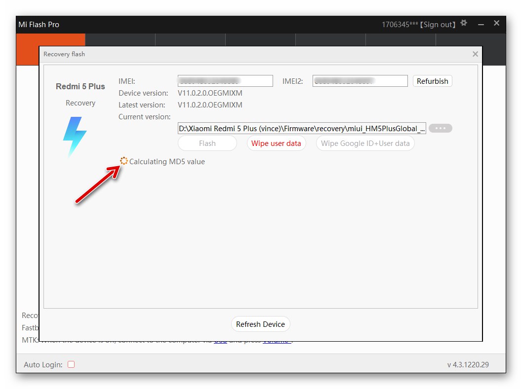 Xiaomi Redmi 5 Plus MiFlash Pro sprawdzający plik firmware smartfona załadowany do programu