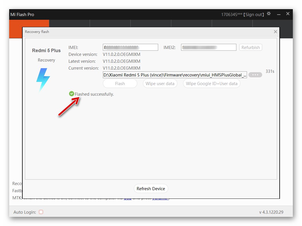 Zakończono flashowanie smartfona Xiaomi Redmi 5 Plus z oprogramowaniem MiFlash Pro