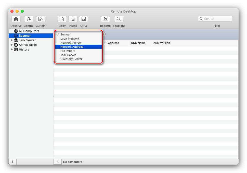 Изберете вида на връзката с хоста на Apple Remote Desktop на macOS