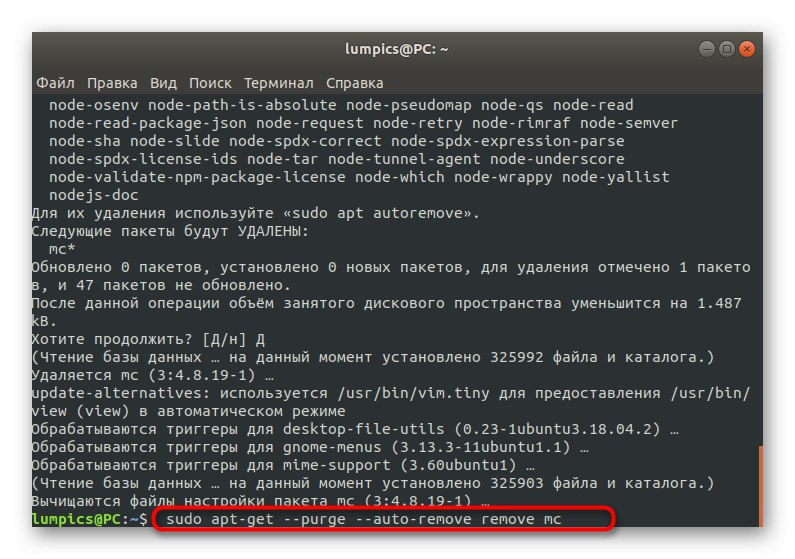 Zadání příkazu k odebrání balíčků po instalaci programu Debian