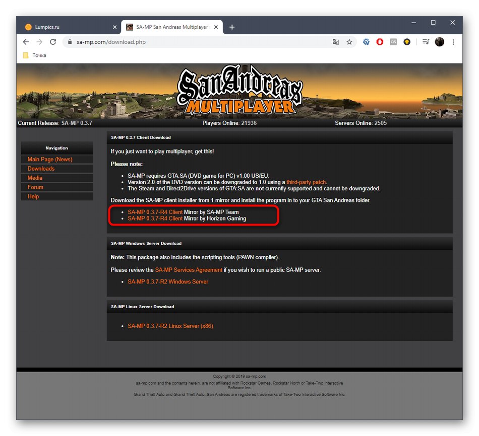 Избор на огледало за изтегляне на SAMP в Windows 10 от официалния уебсайт