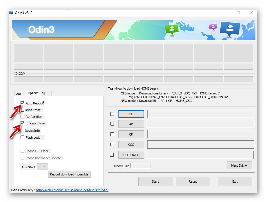 Postavke Samsung Galaxy S4 GT-I9500 Odin - poništite opciju Auto Reboot i F. Reset Time