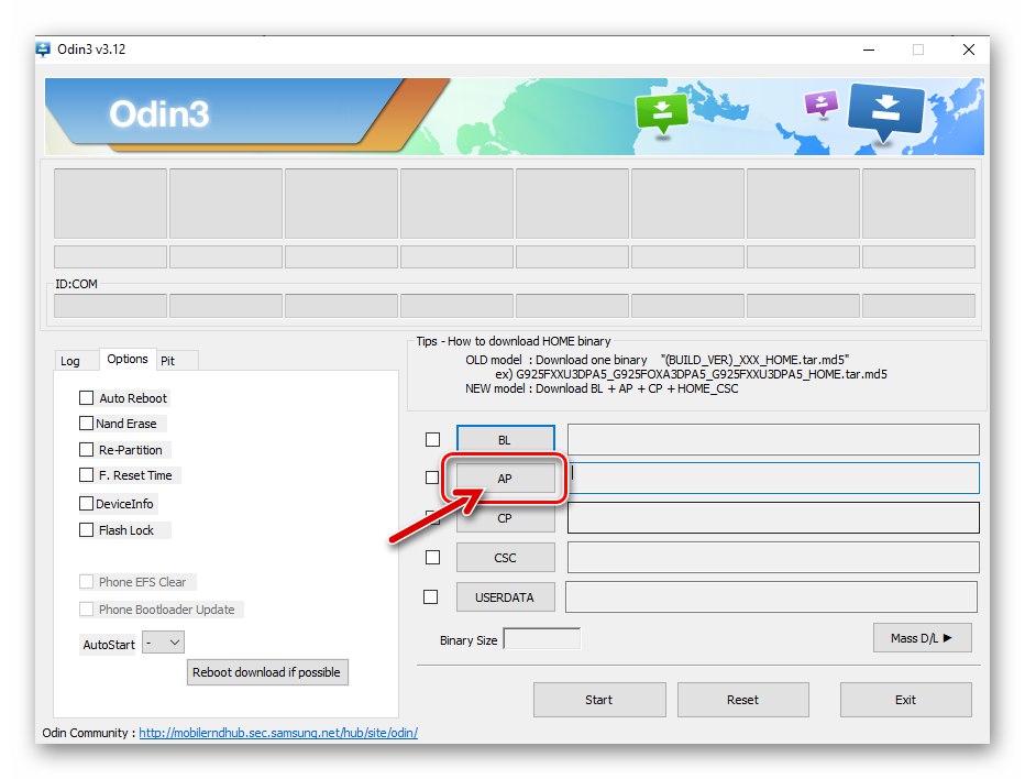 Samsung Galaxy S4 GT-I9500 Ukorjenjivanje putem Odin - AP gumba za odabir CF Auto Root paketa
