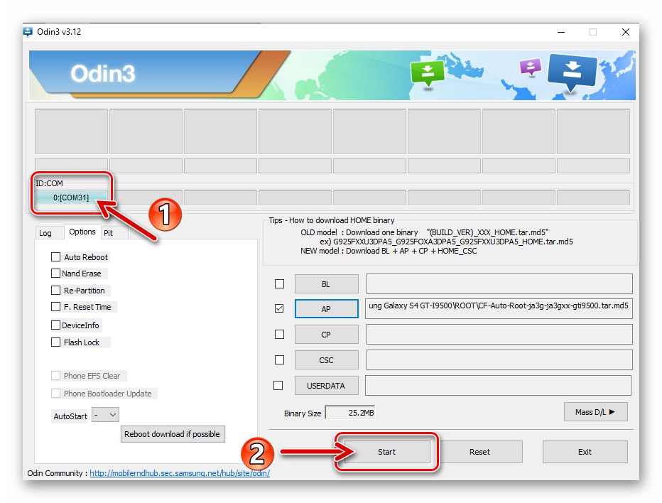 Samsung Galaxy S4 GT-I9500 Odin - početak integracije paketa CF Auto Root u pametni telefon