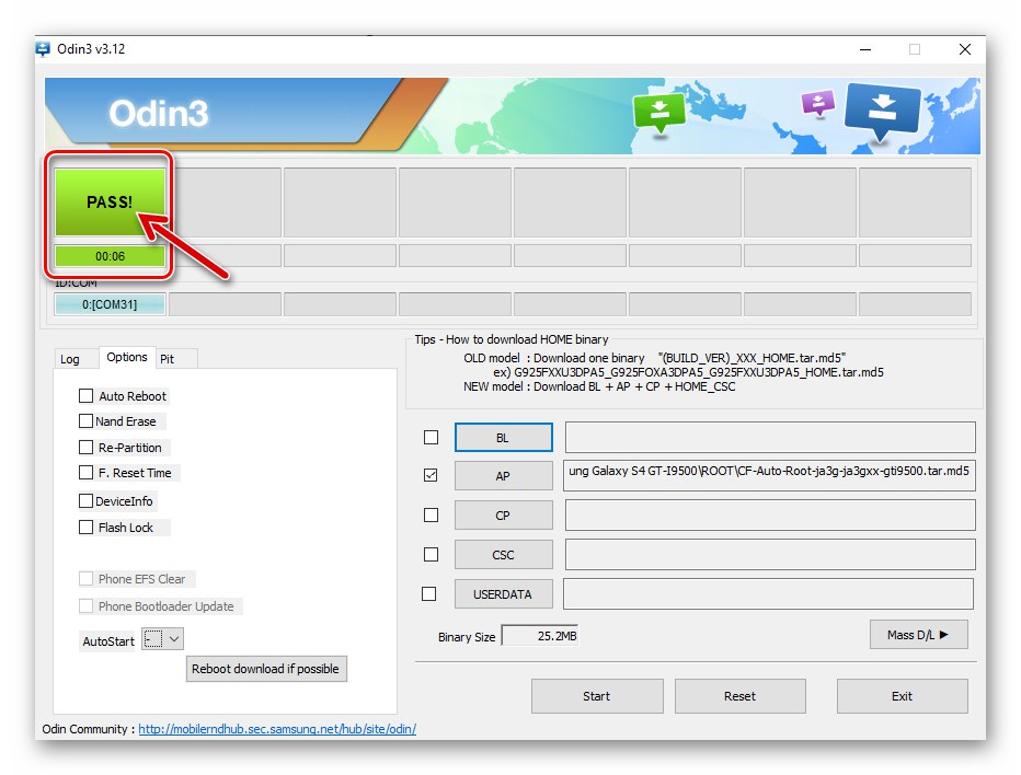 Završena instalacija paketa CF Auto Root na telefonu putem Odina za Samsung Galaxy S4 GT-I9500