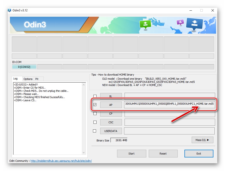U program se učitava Samsung Galaxy S4 GT-I9500 ODIN firmver s jednom datotekom