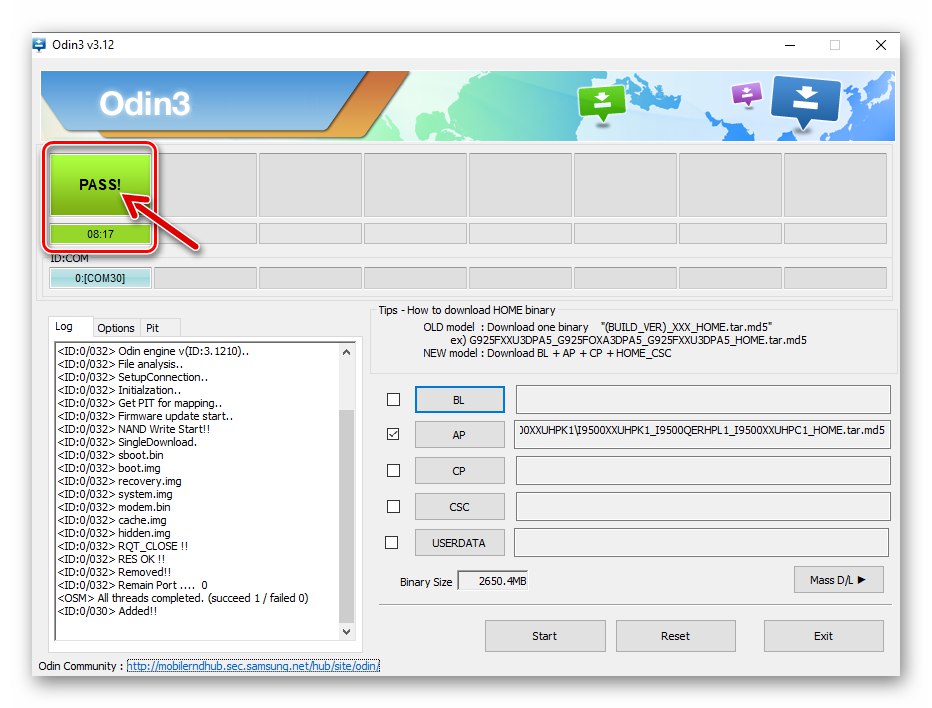 Instalacija firmvera za jednu datoteku Samsung Galaxy S4 GT-I9500 putem ODIN-a dovršena, pokretanje uređaja