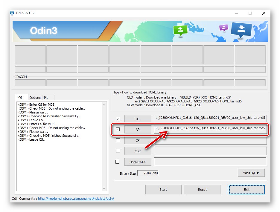 Datoteka AP Samsung S4 GT-I9500 Odin učitana u program