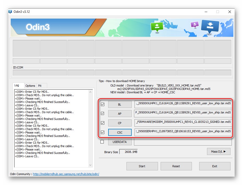 Samsung S4 GT-I9500 Odin sve su komponente firmvera pametnog telefona s više datoteka učitane u program