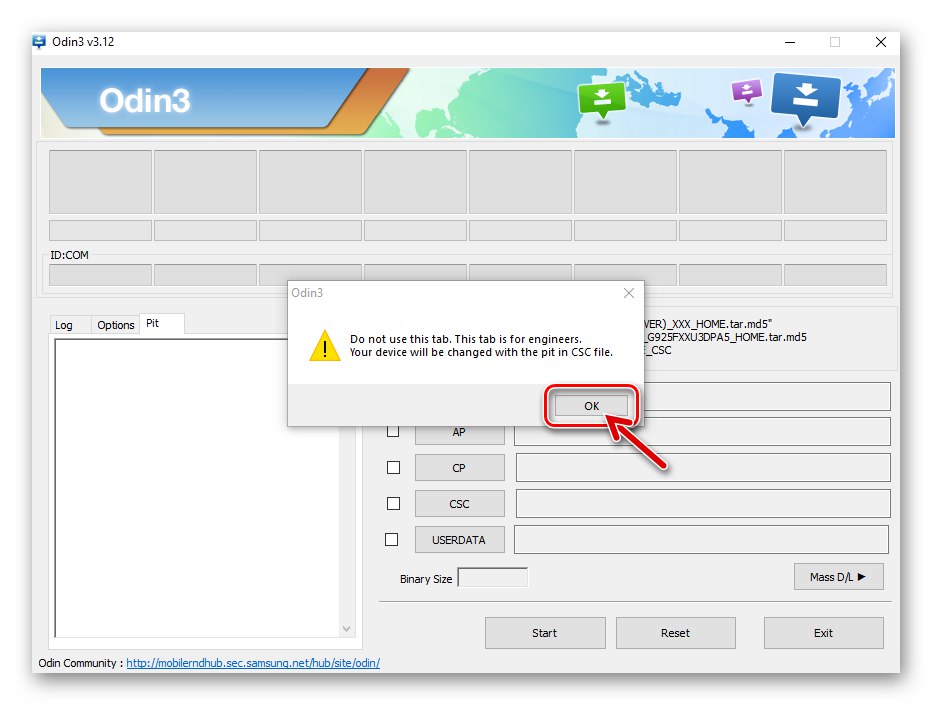 Prozor upozorenja Samsung Galaxy S4 GT-I9500 u ODIN-u o potencijalnoj opasnosti korištenja PIT datoteke prilikom bljeskalice uređaja