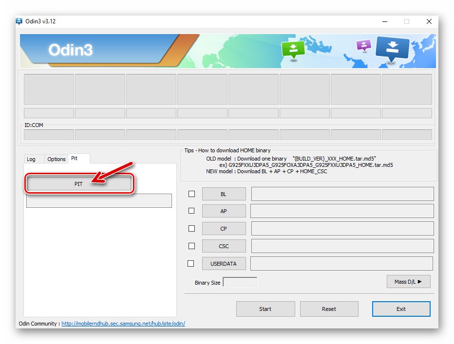 Gumb Samsung Galaxy S4 GT-I9500 ODIN za učitavanje PIT datoteke u program