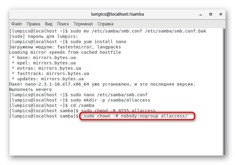 Další příkaz k nastavení úrovní přístupu pro složku Samba v CentOS 7