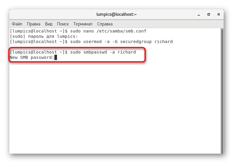 Vytvoření hesla pro uživatele zabezpečeného adresáře Samba v CentOS 7