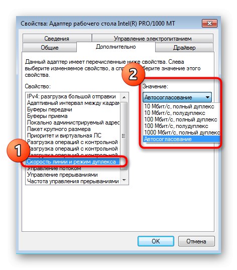 Ručné zmeny rýchlosti linky pomocou nastavení adaptéra v systéme Windows 7