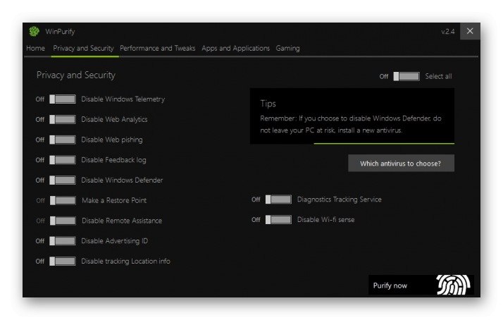 Používanie programu WinPurify na prispôsobenie systému Windows 10