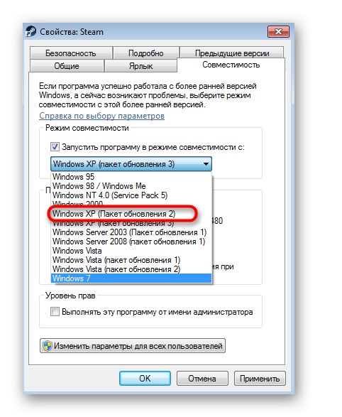 Výber verzie systému Windows pre režim kompatibility so systémom Steam v systéme Windows 7