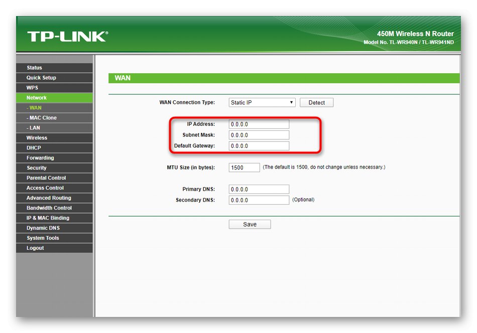 Ръчно конфигуриране на параметрите на свързване към доставчика чрез уеб интерфейса TP-Link TL-WR940N